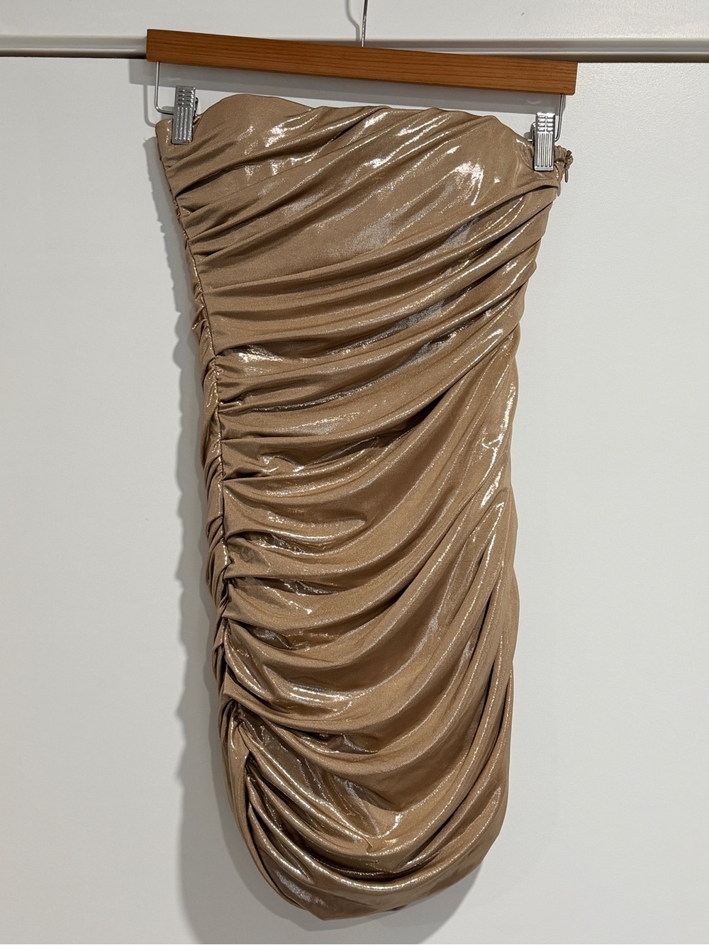 Brand New Zara Metallic Tan Strapless Ruched Bodycon Dress